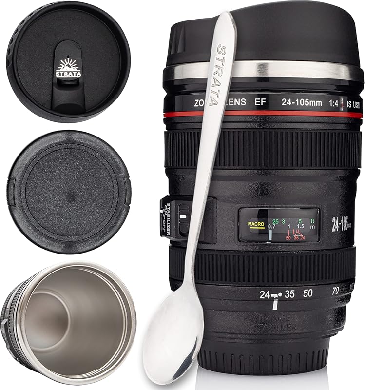STRATA CUPS Camera Lens Coffee Mug with Lids, Spoon & Bag – Gift for H