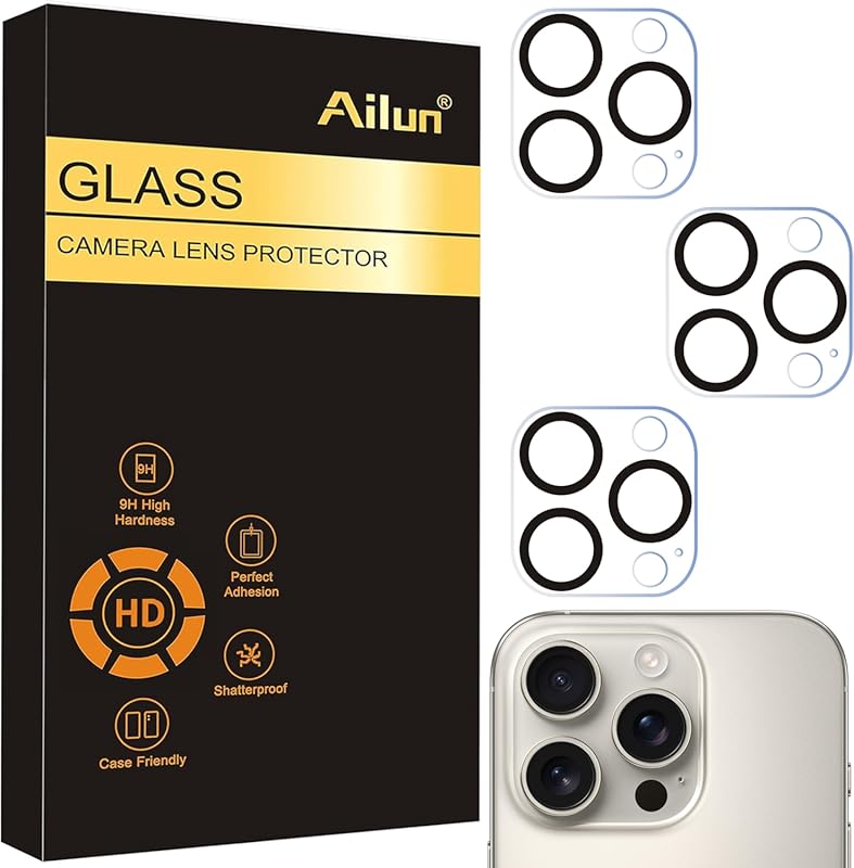 Ailun 3-Pack Tempered Glass Camera Lens Protector for iPhone 15 Pro, 9